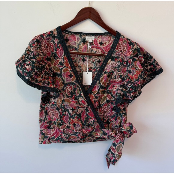 Jennifer Grace Colorful Floral Side-Tie Flutter Sleeve Faux Wrap Top Sz XL NWT - Picture 1 of 9